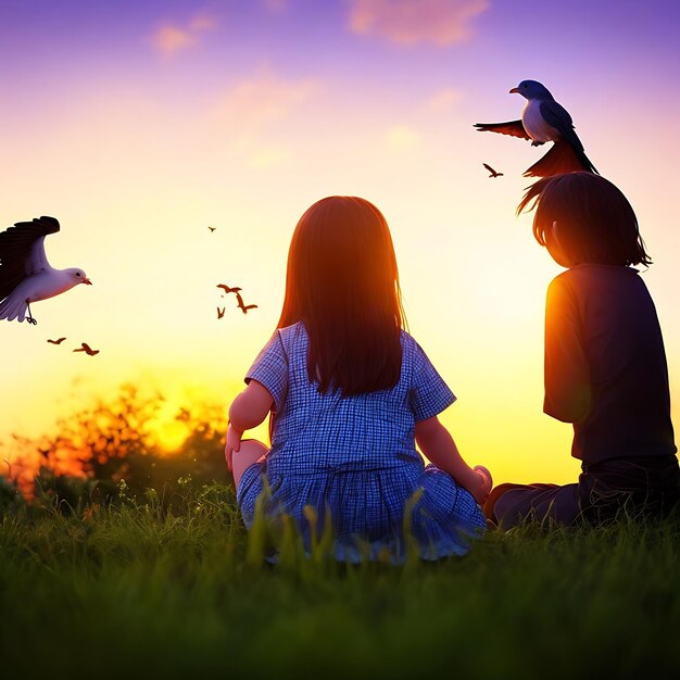 children praying and free bird enjoying nature on sunset background hope concept