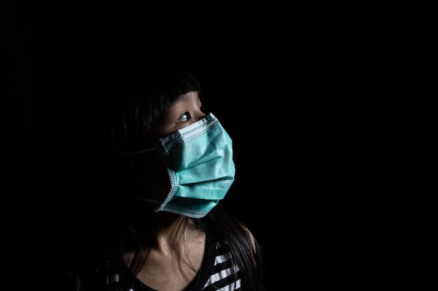 Children put on mouth masks to prevent various viruses such as covid-19 or Corona viruses entered the body with a black scene.