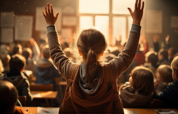 Photo children raising their hands on a school day