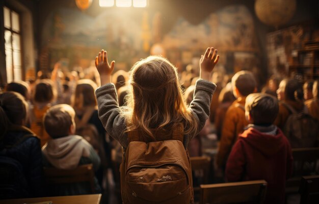 Photo children raising their hands on a school day