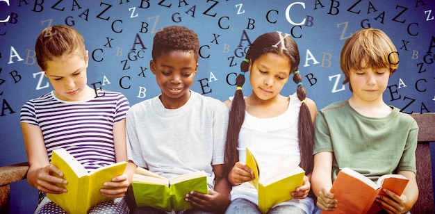 Photo children reading books at park against blue background