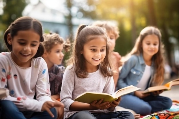 公園で本を読んでいる子供たち 1 人は本を読んでいます