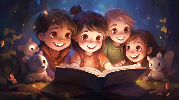 Photo children reading books very happy fun time enable children to read