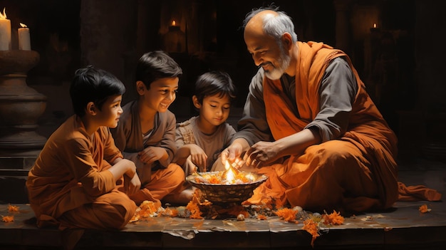 Photo children receiving blessings and gifts from background