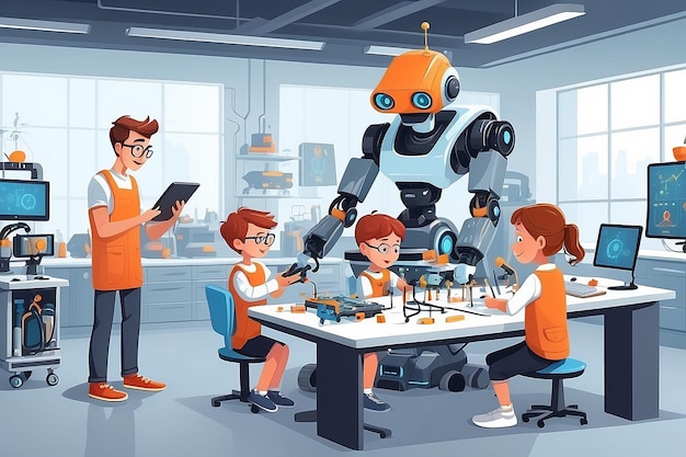 Children in robotic lab building a robot cartoon kids and teacher working on engineering project at science laboratory