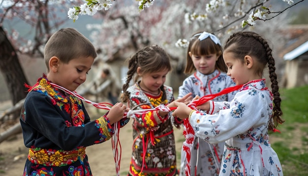 children in a Romanian village exchanging red and white Martisor strings under blossoming cherry tre