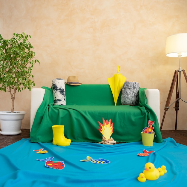 Children room interior. Preparing for the play fishing trip. Summer vacation concept