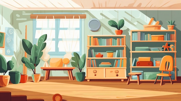 Детская комната с книжными полками и иллюстрацией растений Сгенерировано AI