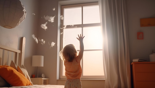 A children room with a large window overlooking the clouds