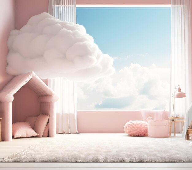 A children room with a large window overlooking the clouds