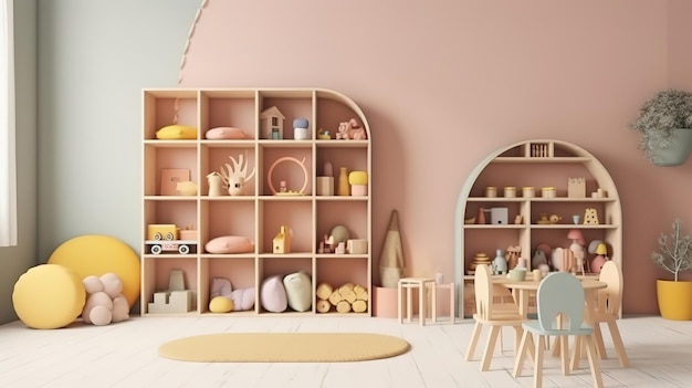 Children room with natural wooden furniture and toys wall mockup Generative Ai