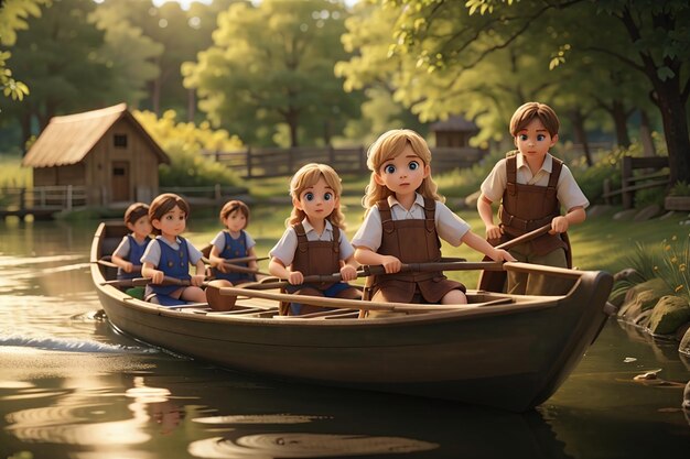 Children row the boat in the stream farm scene