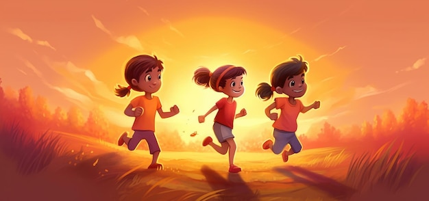 ジェネレーティブ ai を使用した漫画のイラストを背景に、太陽を背に野原を走り回る子供たち