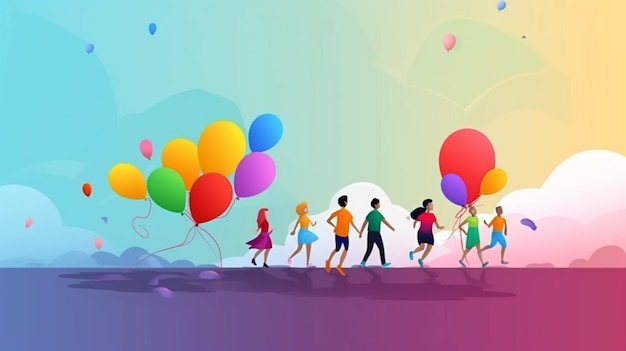 AI が生成したお祭りの雰囲気の中、色とりどりの風船やリボンを飛ばして走る子供たち