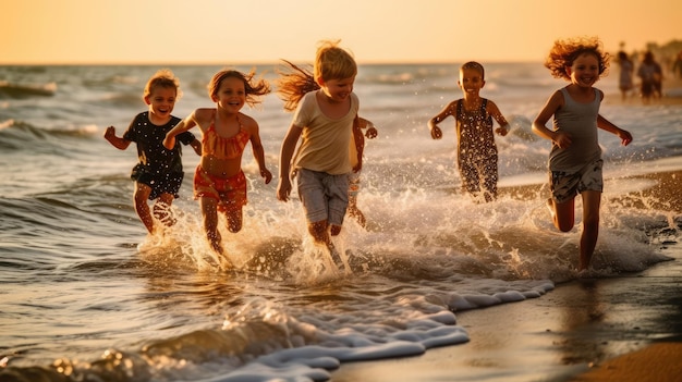 Children running on the beach at sunset