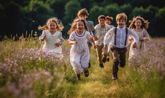 Children running in a field of flowers