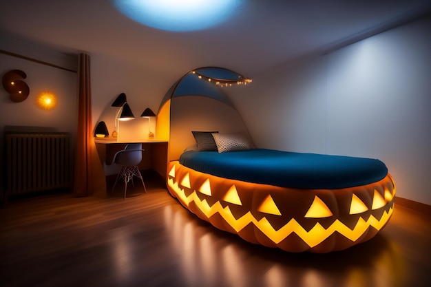 Foto un letto per bambini a forma di zucca di halloween_vista frontale ia generativa