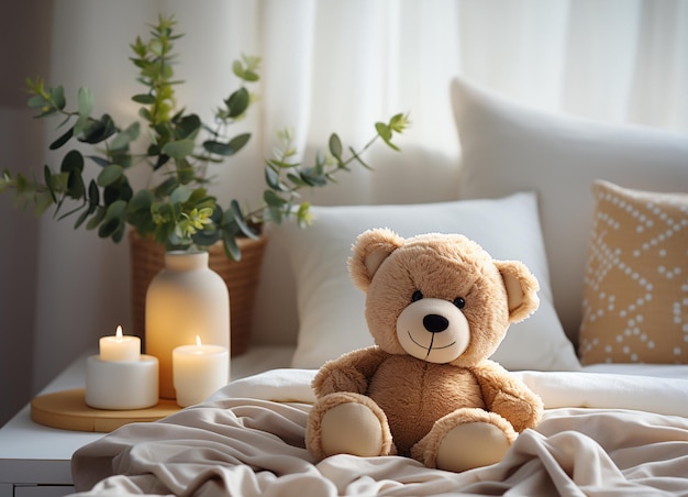 Children's bed with toy bear in bedroom