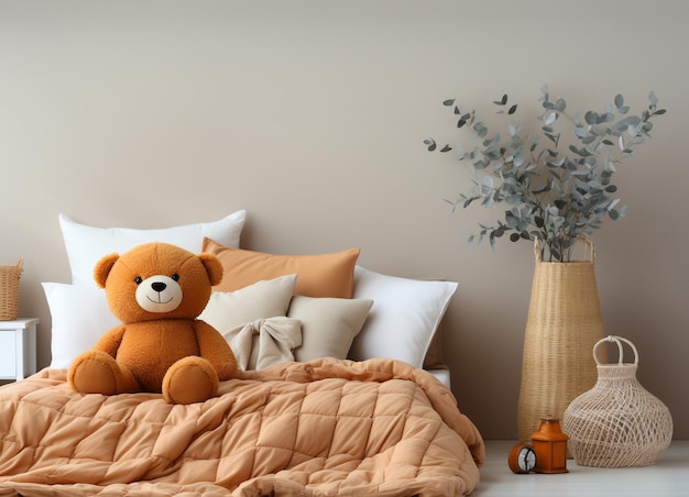 침실에 장난감 곰이 있는 어린이 침대