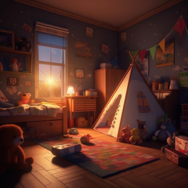 Children's bedroom in the evening with toys and tent generative ai