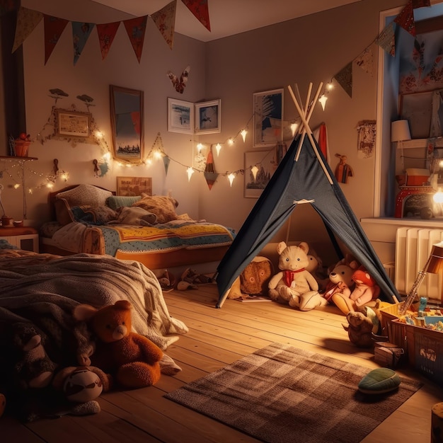 Children's bedroom in the evening with toys and tent Generative AI