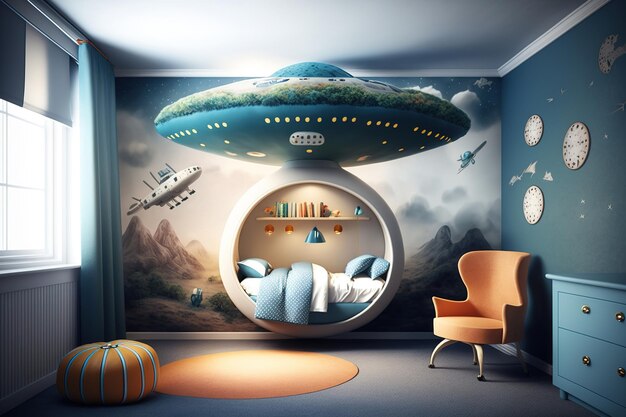 Foto camera da letto per bambini in stile ufo generative ai