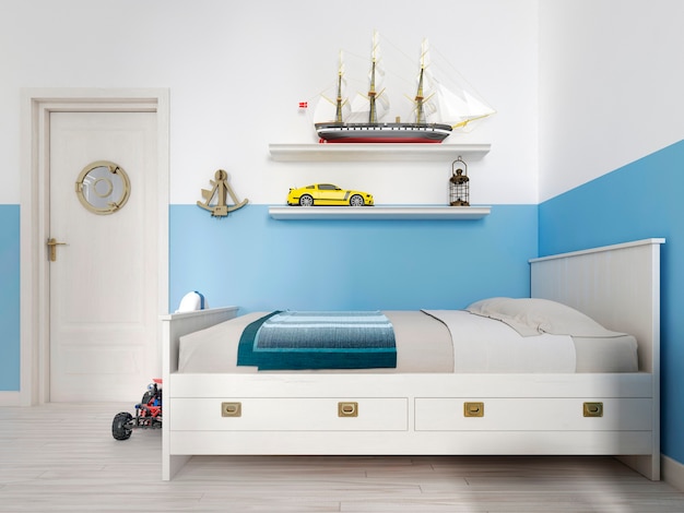 Children's bedroom with a white bed in the room and a shelf with a vintage ship and various toys. 3D rendering