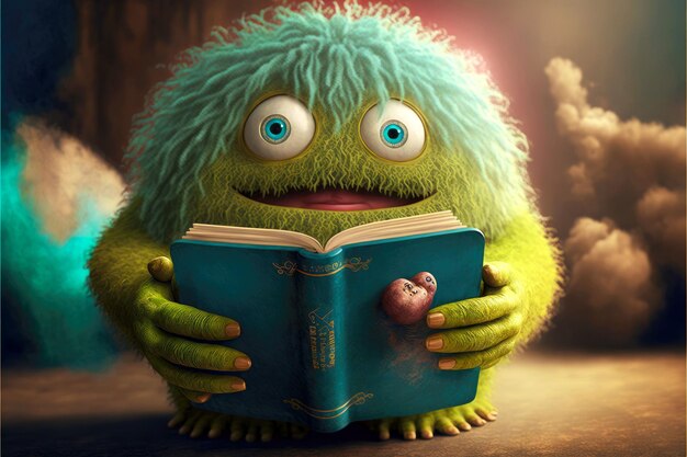 Children's book in hands of cute monster reads books generative ai