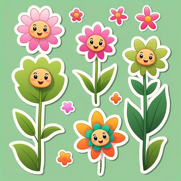 children's cartoon sticker of cute flower green flat background