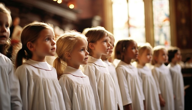 children's choir singing in church wearing traditional choir clothes Kids singing catholic church