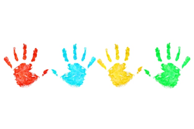 Photo children's color handprints on white background