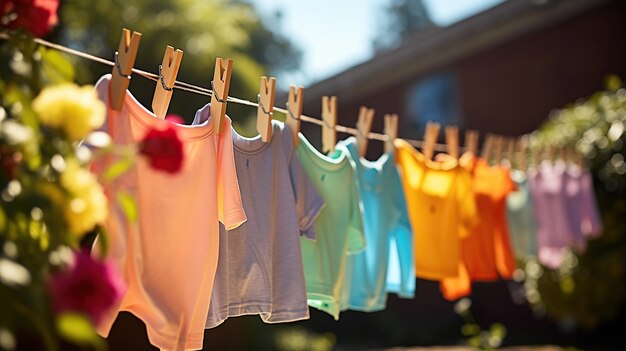 Children's Colorful Clothes Dance in the Sunlight on the Clothesline Generative AI