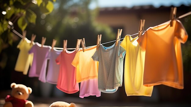 Children's Colorful Clothes Dance in the Sunlight on the Clothesline Generative AI