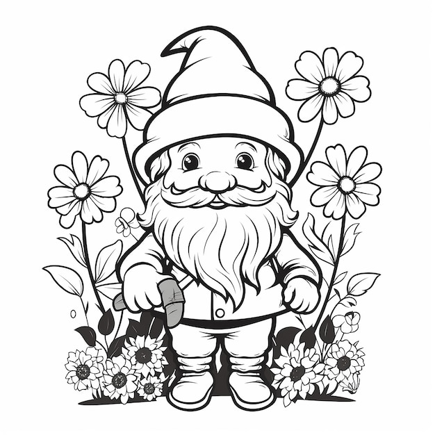 Photo children's coloring page adorable gnome in garden with flowers trees grass line drawing