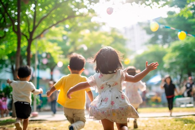 写真 子どもの日 少年と少女が一緒に遊んで 輝く笑顔が日を明るくする 子どもの笑顔は世界最大の富です