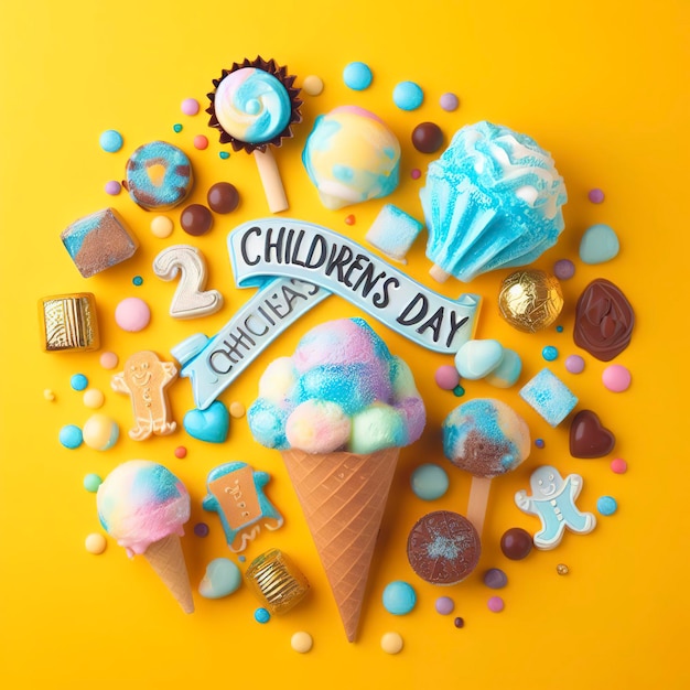 children's day dry ice cream colored chocolates yellow background