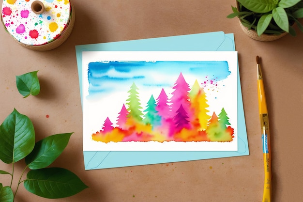 Children's Day postcard A watercolor painting of trees with a cup of coffee on the table