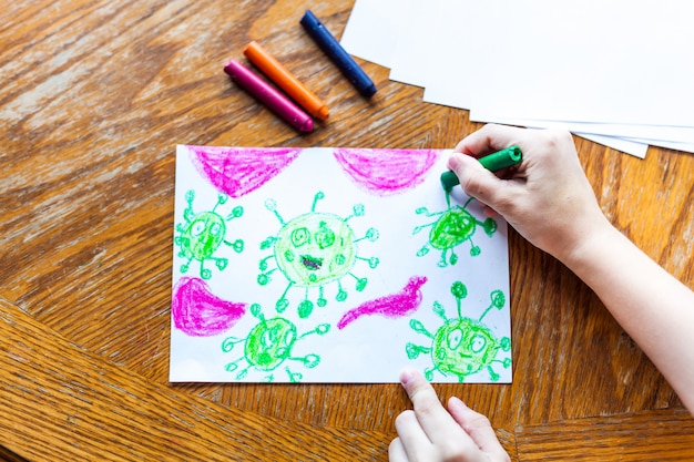 Children's drawing coronavirus many viruses attack the human
body crayons, colored pencils, children's creativity, creating
crafts, home decoration, time with children, skill development,
school, home