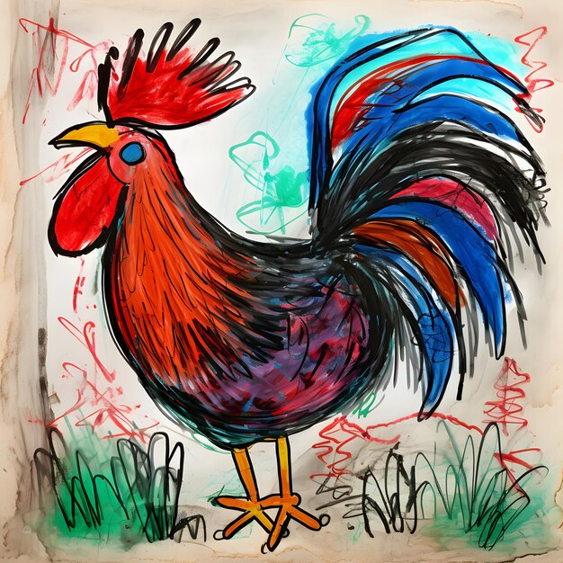 Photo children's drawing of rooster style cartoon ai generated