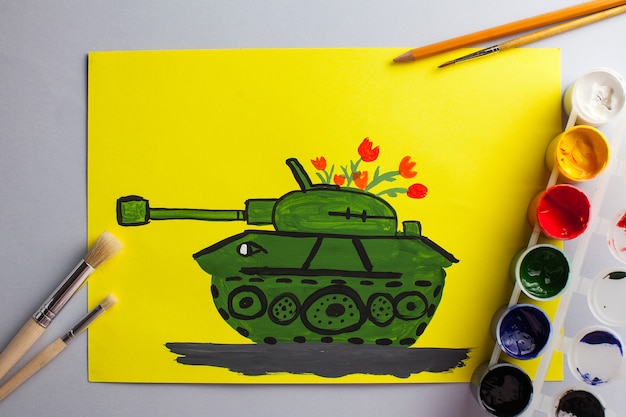 Children's drawing of a tank as a gift for the anniversary of Victory Day