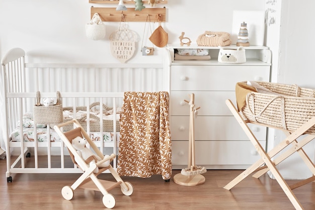 Children's educational wooden toys Nursery decor Scandinavian style playroom Wooden stroller Crib
