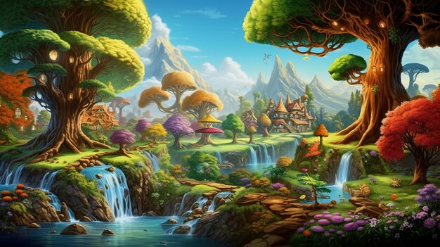 children's fairy tale cartoon country landscape sunny day