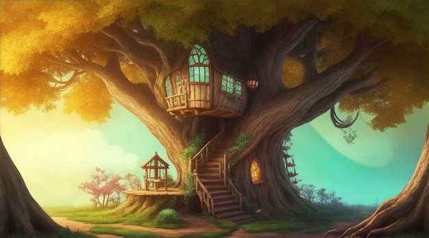 Детская фантастическая сказка с домиком на дереве Generative AI