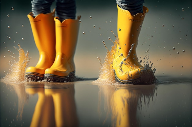 Children\'s feet in yellow rubber boots jumping over a puddle in\
the rain