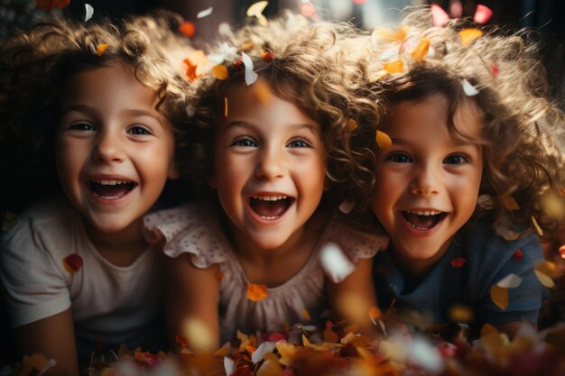 Children's group Happy multicultural children having fun celebrating their birthdays with colorful confetti child birthday concept