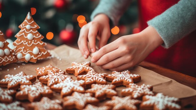 Children's hands decorate Christmas cookies Merry Christmas and Happy New Year concept