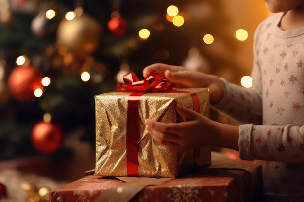 children's hands holding a gift on the background of a Christmas tree and bokeh