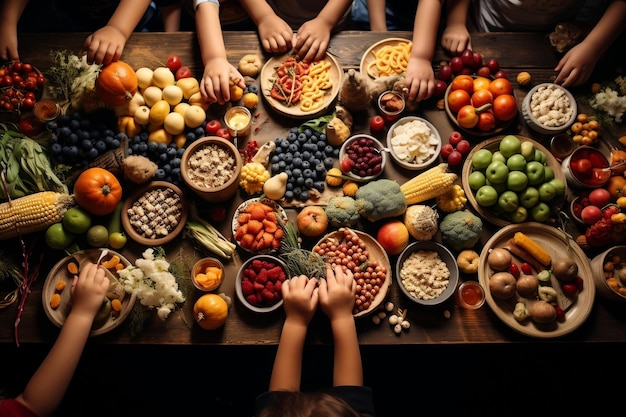 Foto le mani dei bambini su un tavolo pieno di cibo generative ai