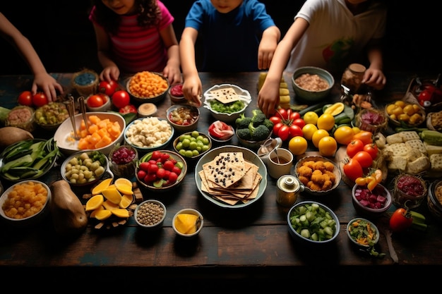 Foto le mani dei bambini su un tavolo pieno di cibo generative ai