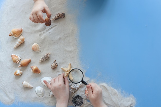 Детские руки, вид сверху, играющие с ракушками в концепции исследования песка